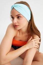 Mavi Kadın Çapraz Bağlamalı Pamuklu Penye, Kaymaz, Yumuşak, Esnek, Saç Bandı Bandana thumbnail 4