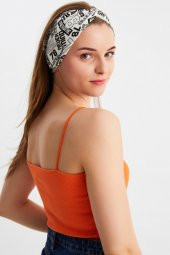 Beyaz Desen Kadın Çapraz Bağlamalı Pamuklu Penye, Kaymaz, Yumuşak, Esnek, Saç Bandı Bandana thumbnail 3