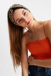 Leopar-Siyah  Kadın Trend Style Pamuklu Penye, Kaymaz, Yumuşak, Esnek, Saç Bandı Bandana thumbnail 3