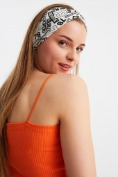 Beyaz Desen Kadın Çapraz Bağlamalı Pamuklu Penye, Kaymaz, Yumuşak, Esnek, Saç Bandı Bandana thumbnail 6