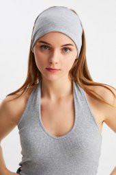 Açık Gri Kadın Çift Taraflı Kullanım Alternatifli, Pamuklu Penye, Kaymaz, Hafif, Spor Saç Bandı Bandana - 1