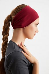 Bordo  Kadın ÇİFT TARAFLI kullanım alternatifli, Pamuklu Penye, Kaymaz, Hafif, Spor Saç Bandı Bandana thumbnail 5