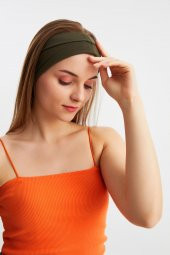 Haki  Kadın ÇİFT TARAFLI kullanım alternatifli, Pamuklu Penye, Kaymaz, Hafif, Spor Saç Bandı Bandana thumbnail 4