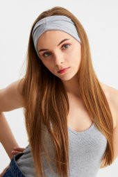 Açık Gri Kadın Çift Taraflı Kullanım Alternatifli, Pamuklu Penye, Kaymaz, Hafif, Spor Saç Bandı Bandana - 4