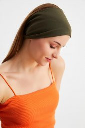 Haki  Kadın ÇİFT TARAFLI kullanım alternatifli, Pamuklu Penye, Kaymaz, Hafif, Spor Saç Bandı Bandana thumbnail 6