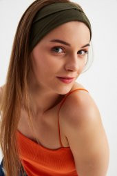 Haki  Kadın ÇİFT TARAFLI kullanım alternatifli, Pamuklu Penye, Kaymaz, Hafif, Spor Saç Bandı Bandana thumbnail 8