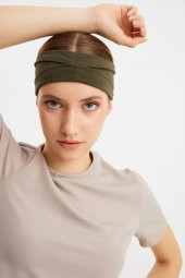 Koyu Yeşil  Kadın ÇİFT TARAFLI kullanım alternatifli, Pamuklu Penye, Kaymaz, Hafif, Spor Saç Bandı Bandana - 3