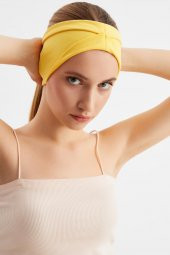 Sarı  Kadın ÇİFT TARAFLI kullanım alternatifli, Pamuklu Penye, Kaymaz, Hafif, Spor Saç Bandı Bandana thumbnail 2