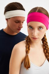 Fuşya-Beyaz  2'li Pamuklu Penye, Kaymaz, Terletmez, Ultra Hafif, Spor Saç Bandı Bandana - 1