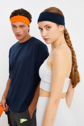 Turuncu-Lacivert  2'li Pamuklu Penye, Kaymaz, Terletmez, Ultra Hafif, Spor Saç Bandı Bandana - 3