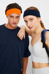 Turuncu-Lacivert  2'li Pamuklu Penye, Kaymaz, Terletmez, Ultra Hafif, Spor Saç Bandı Bandana - 4