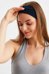 Lacivert  Kadın ÇİFT TARAFLI kullanım alternatifli, Pamuklu Penye, Kaymaz, Hafif, Spor Saç Bandı Bandana thumbnail 5