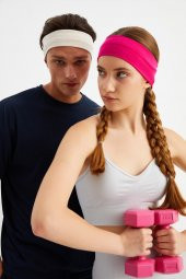 Fuşya-Beyaz  2'li Pamuklu Penye, Kaymaz, Terletmez, Ultra Hafif, Spor Saç Bandı Bandana - 4