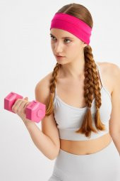 Fuşya-Beyaz  2'li Pamuklu Penye, Kaymaz, Terletmez, Ultra Hafif, Spor Saç Bandı Bandana - 5
