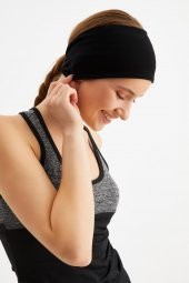 Siyah  Kadın ÇİFT TARAFLI kullanım alternatifli, Pamuklu Penye, Kaymaz, Hafif, Spor Saç Bandı Bandana thumbnail 7