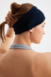 Lacivert  Kadın ÇİFT TARAFLI kullanım alternatifli, Pamuklu Penye, Kaymaz, Hafif, Spor Saç Bandı Bandana thumbnail 9