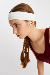 Beyaz Kadın Pamuklu Penye, Kaymaz, Terletmez, Ultra Hafif, Spor Saç Bandı Bandana - 4