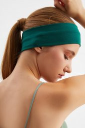 Zümrüt Yeşil Kadın Pamuklu Penye, Kaymaz, Terletmez, Ultra Hafif, Spor Saç Bandı Bandana - 7