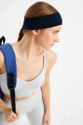 Lacivert Kadın Pamuklu Penye, Kaymaz, Terletmez, Ultra Hafif, Spor Saç Bandı Bandana - 5