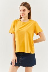 Hardal Oversize Rahat %100 Pamuklu Penye Bisiklet Yaka Kısa Kol Basic T-Shirt - 1
