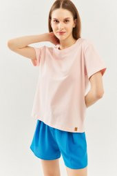 Pudra Oversize Rahat %100 Pamuklu Penye Bisiklet Yaka Kısa Kol Basic T-Shirt - 1