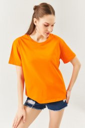 Turuncu Oversize Rahat %100 Pamuklu Penye Bisiklet Yaka Kısa Kol Basic T-Shirt - 1