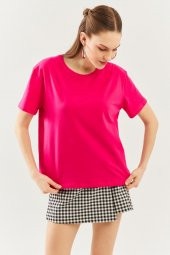 Fuşya Oversize Rahat %100 Pamuklu Penye Bisiklet Yaka Kısa Kol Basic T-Shirt - 1