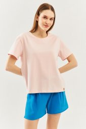 Pudra Oversize Rahat %100 Pamuklu Penye Bisiklet Yaka Kısa Kol Basic T-Shirt - 2