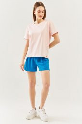 Pudra Oversize Rahat %100 Pamuklu Penye Bisiklet Yaka Kısa Kol Basic T-Shirt - 3