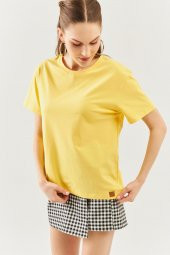 Sarı Oversize Rahat %100 Pamuklu Penye Bisiklet Yaka Kısa Kol Basic T-Shirt - 2