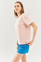 Pudra Oversize Rahat %100 Pamuklu Penye Bisiklet Yaka Kısa Kol Basic T-Shirt - 4