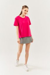 Fuşya Oversize Rahat %100 Pamuklu Penye Bisiklet Yaka Kısa Kol Basic T-Shirt - 3