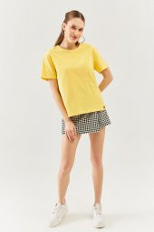 Sarı Oversize Rahat %100 Pamuklu Penye Bisiklet Yaka Kısa Kol Basic T-Shirt - 3