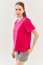 Fuşya Oversize Rahat %100 Pamuklu Penye Bisiklet Yaka Kısa Kol Basic T-Shirt - 4