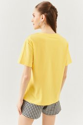 Sarı Oversize Rahat %100 Pamuklu Penye Bisiklet Yaka Kısa Kol Basic T-Shirt - 5