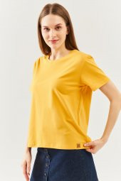 Hardal Oversize Rahat %100 Pamuklu Penye Bisiklet Yaka Kısa Kol Basic T-Shirt - 6