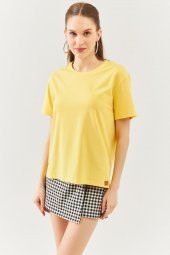 Sarı Oversize Rahat %100 Pamuklu Penye Bisiklet Yaka Kısa Kol Basic T-Shirt - 6