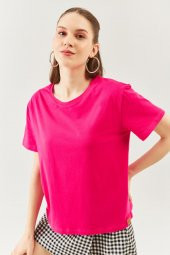 Fuşya Oversize Rahat %100 Pamuklu Penye Bisiklet Yaka Kısa Kol Basic T-Shirt - 6