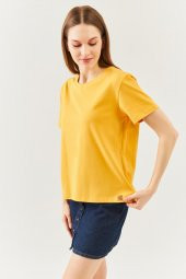 Hardal Oversize Rahat %100 Pamuklu Penye Bisiklet Yaka Kısa Kol Basic T-Shirt - 7