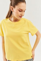 Sarı Oversize Rahat %100 Pamuklu Penye Bisiklet Yaka Kısa Kol Basic T-Shirt - 7