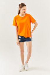 Turuncu Oversize Rahat %100 Pamuklu Penye Bisiklet Yaka Kısa Kol Basic T-Shirt - 3