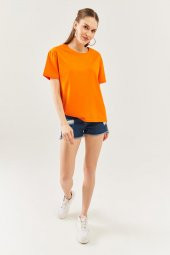 Turuncu Oversize Rahat %100 Pamuklu Penye Bisiklet Yaka Kısa Kol Basic T-Shirt - 4