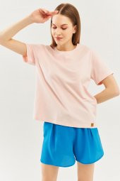 Pudra Oversize Rahat %100 Pamuklu Penye Bisiklet Yaka Kısa Kol Basic T-Shirt - 6