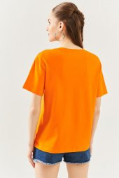 Turuncu Oversize Rahat %100 Pamuklu Penye Bisiklet Yaka Kısa Kol Basic T-Shirt - 5