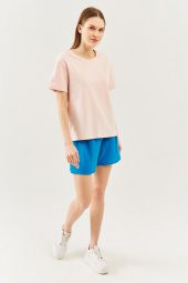 Pudra Oversize Rahat %100 Pamuklu Penye Bisiklet Yaka Kısa Kol Basic T-Shirt - 7