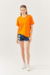 Turuncu Oversize Rahat %100 Pamuklu Penye Bisiklet Yaka Kısa Kol Basic T-Shirt - 6