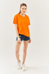 Turuncu Oversize Rahat %100 Pamuklu Penye Bisiklet Yaka Kısa Kol Basic T-Shirt - 7