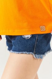Turuncu Oversize Rahat %100 Pamuklu Penye Bisiklet Yaka Kısa Kol Basic T-Shirt - 8