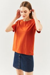 Kiremit Oversize Rahat %100 Pamuklu Penye Bisiklet Yaka Kısa Kol Basic T-Shirt - 1