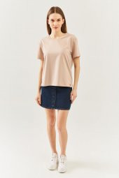 Açık Kahve Oversize Rahat %100 Pamuklu Penye Bisiklet Yaka Kısa Kol Basic T-Shirt - 1